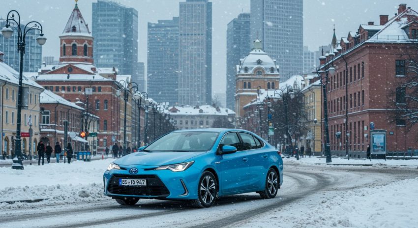 冬の市街地を走る青色のハイブリッド車の画像