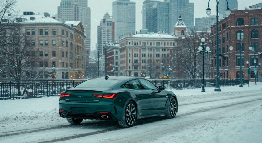 雪の市街を走る緑色のハイブリッド車の画像