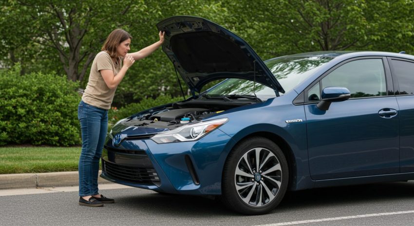 エンジンがかからず車のボンネットを開けた女性の画像