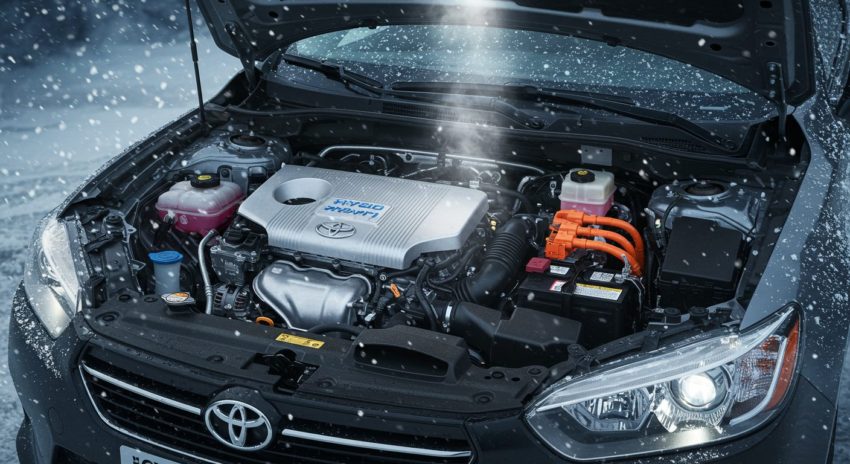 ハイブリッド車のエンジンルームの画像