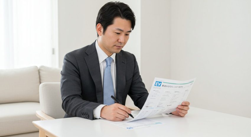 キッチンテーブルで補助金の書類を確認する家族の様子