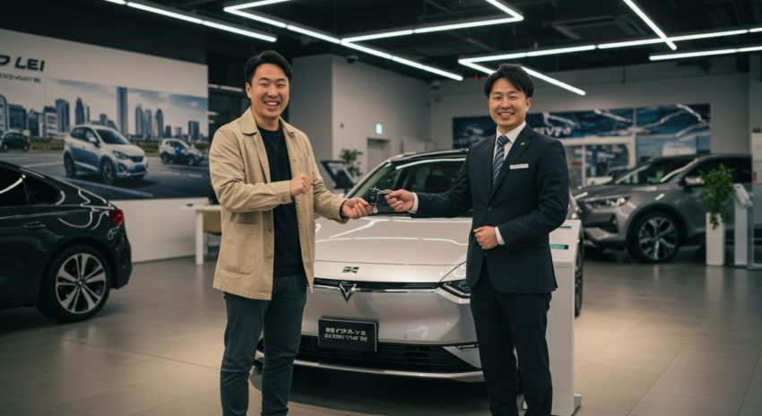 都内のディーラーでキーを受け取るEV購入者の笑顔