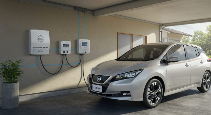 日産リーフと共に日本の住宅ガレージに設置されたV2Hシステム