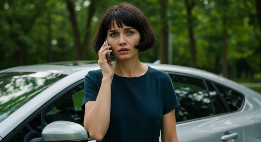 エンジンがかからないので修理を依頼する女性の画像