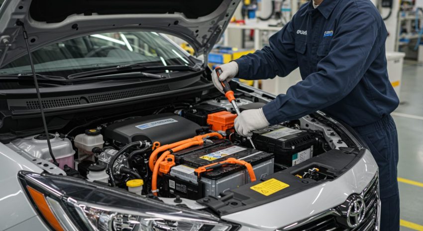 ハイブリッド車の整備をする男性の画像