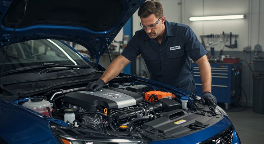 ハイブリッド車の整備をしている男性の画像