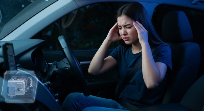 ハイブリッド車から発生する電磁波により頭痛を感じる女性の画像