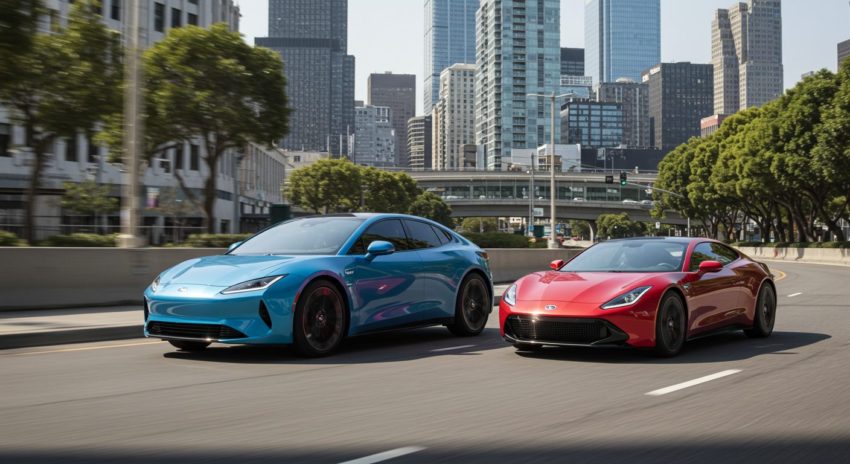 ハイブリッド車が街中を走る画像