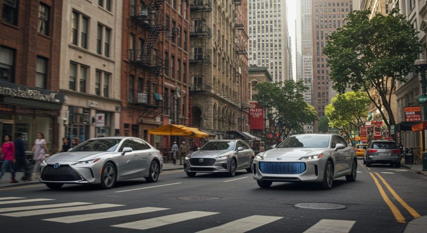街中を数台のハイブリッド車が走る画像