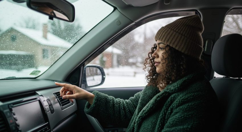 ハイブリッド車の車内でエアコンボタンを押そうとする女性の画像