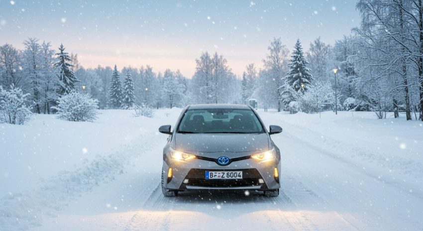 雪道を走るハイブリッド車の画像