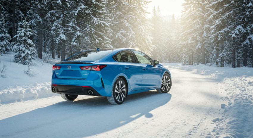 雪道を走るハイブリッド車の画像