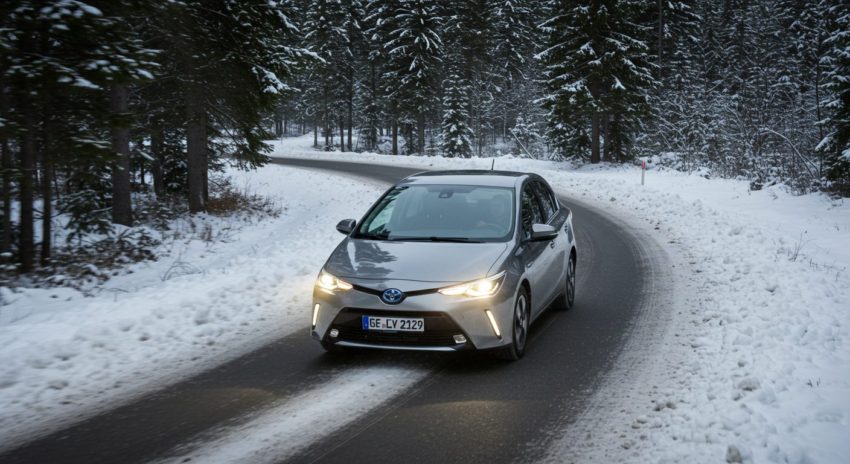 雪の山道を走るハイブリッド車の画像