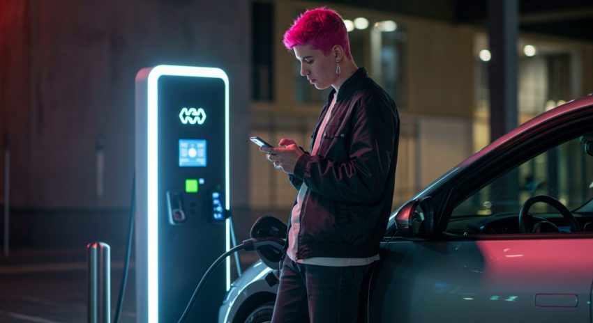 電気自動車を充電中の画像