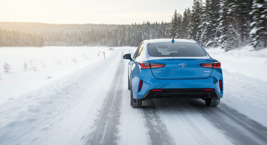 雪道を軽快に走るハイブリッド車の画像