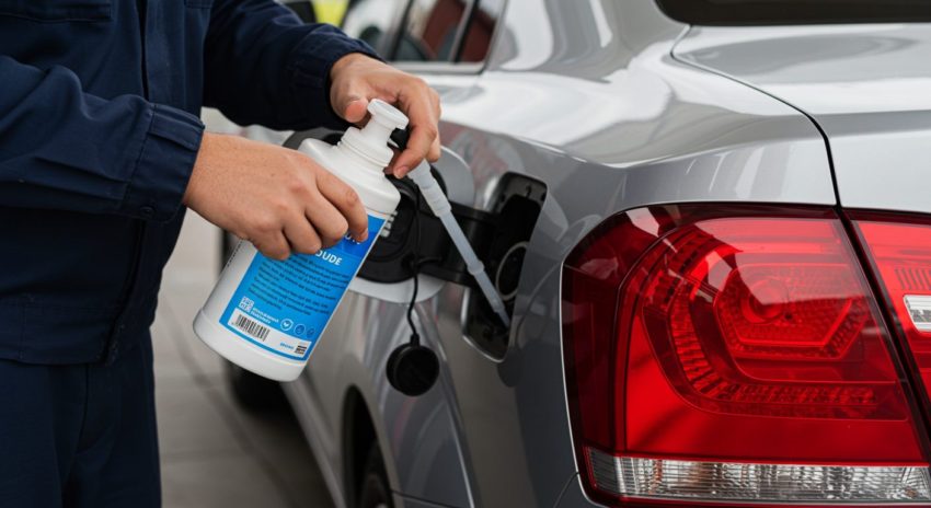 ハイブリッド車に水抜き剤を入れている画像