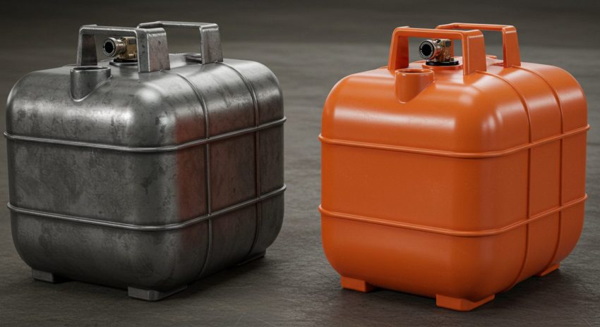 鉄製のガソリンタンクと樹脂製のガソリンタンクが並んでいる画像