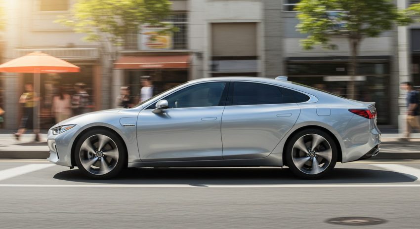 街中を走るハイブリッド車の画像