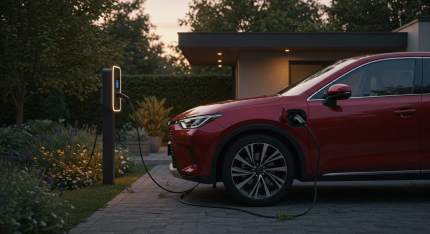 自宅で充電しているハイブリッド車の画像