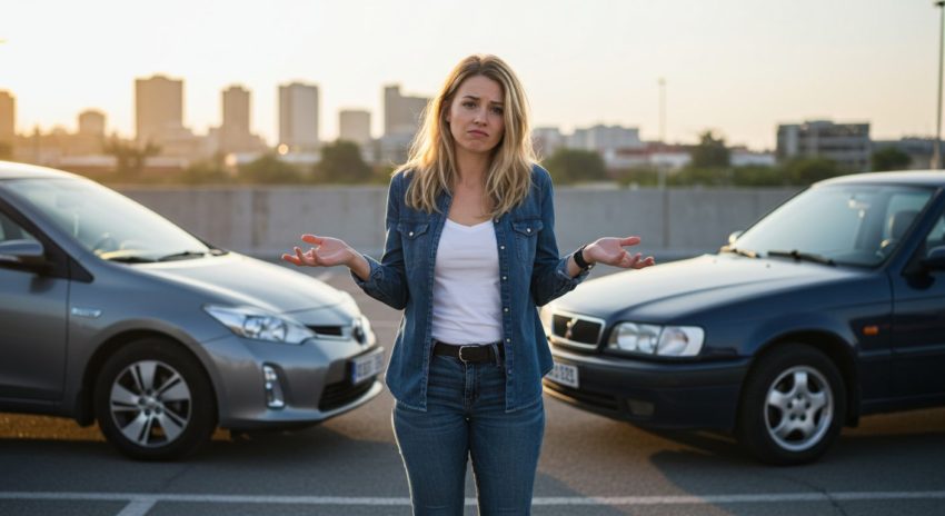 ハイブリッド車かガソリン車が間に立って悩んでいる女性の画像
