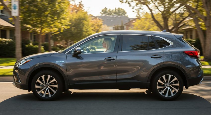 シルバーのハイブリッド車に乗って近くのお店に買い物に来た女性の画像