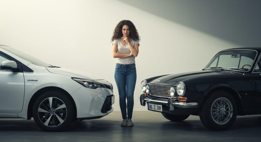 ハイブリッド車かガソリン車か、どちらがお得か悩む女性の画像