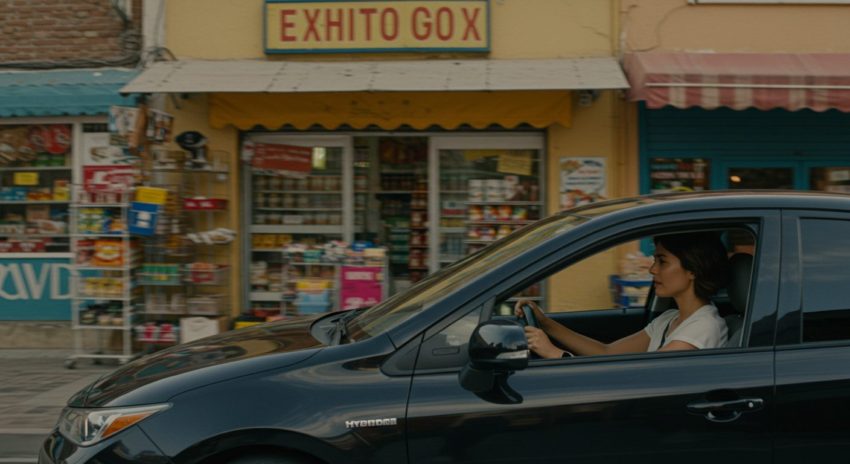 黒色のハイブリッド車に乗って近くのお店に買い物に来た女性の画像