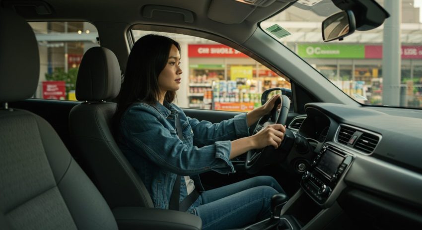 ハイブリッド車に乗って近くのお店に買い物に来た女性の画像