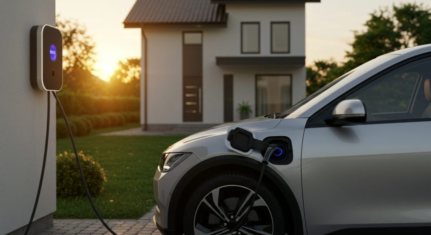 自宅の庭で電気自動車を充電している画像