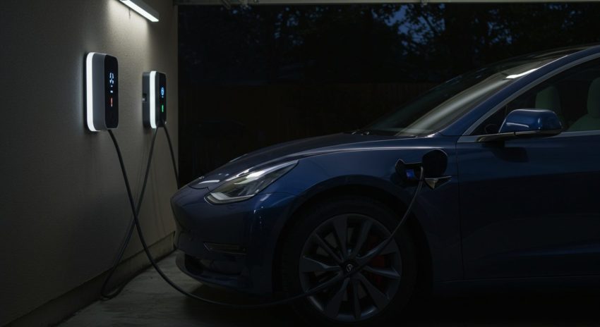 夜に電気自動車を自宅で充電している画像