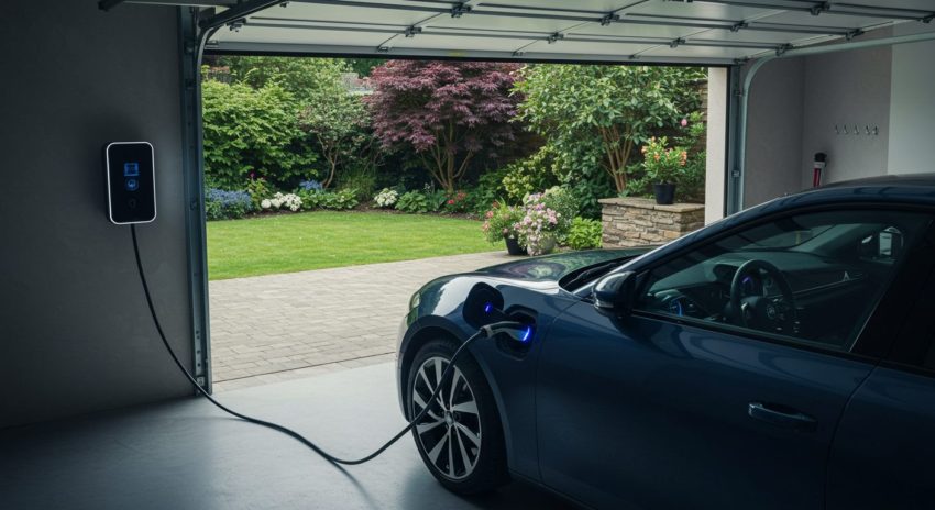 自宅のガレージ内で青い電気自動車を充電している画像