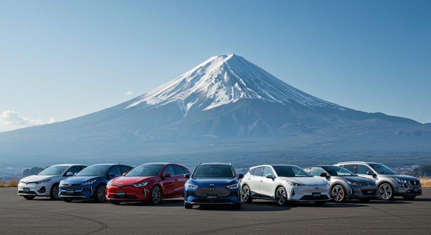 富士山を背景にした未来的な日本の電気自動車のラインナップ