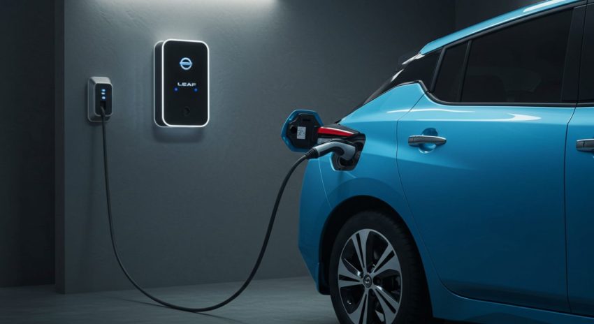 日産リーフを自宅で充電している画像