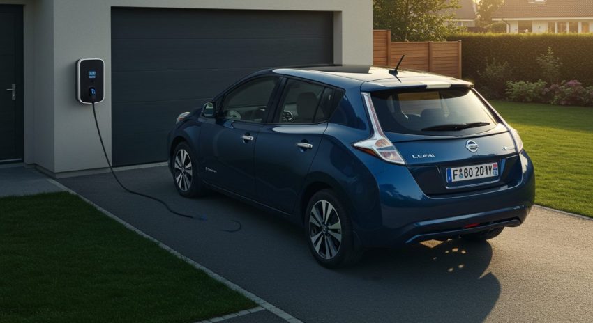 電気自動車日産リーフを自宅で充電している画像