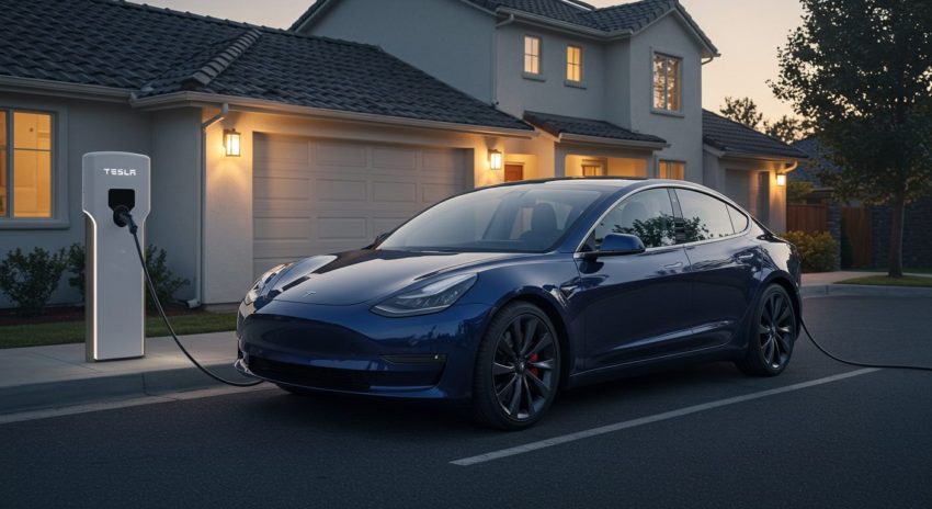 電気自動車テスラを自宅で充電している画像
