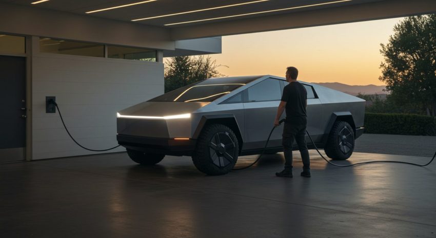 電気自動車テスラを自宅で充電している男性の画像
