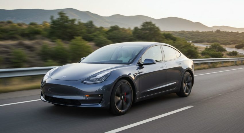 電気自動車テスラが高速道路を走っている画像