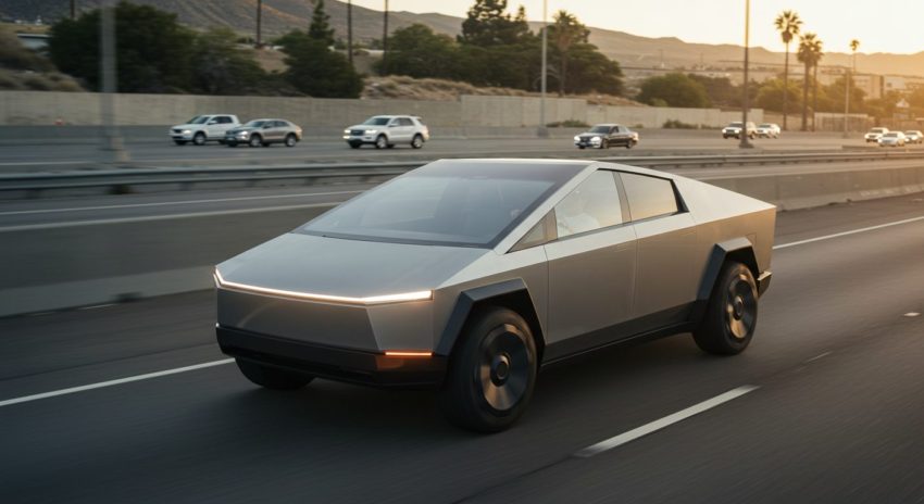 シルバーの電気自動車テスラが高速道路を走っている画像