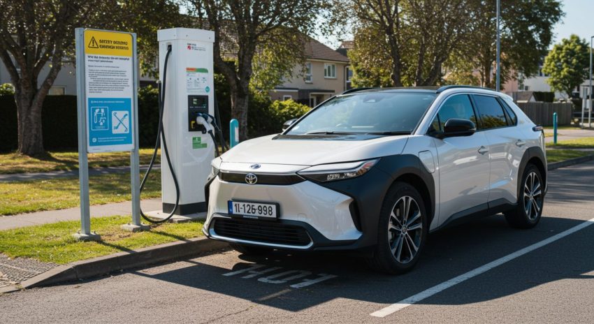 　安全指示が見える状態で充電中のトヨタbZ4X