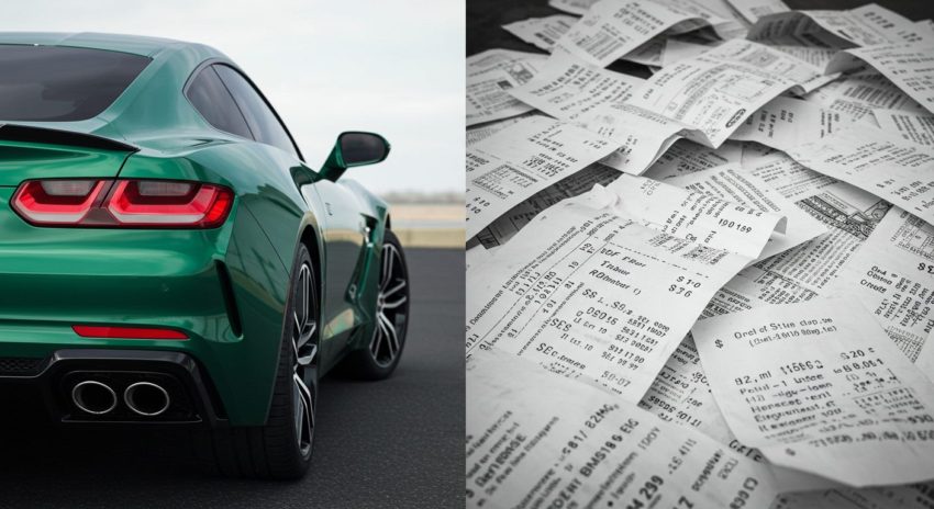 ハイブリッド車と大量のレシートが両方載っている画像