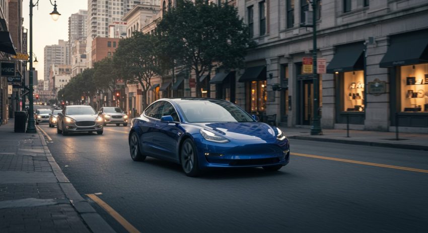 電気自動車テスラが街中を走っている画像
