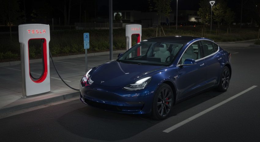 電気自動車テスラが自宅で充電している画像