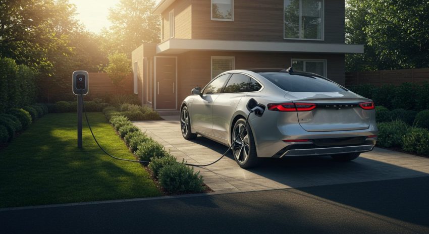 自宅で電気自動車を充電している画像