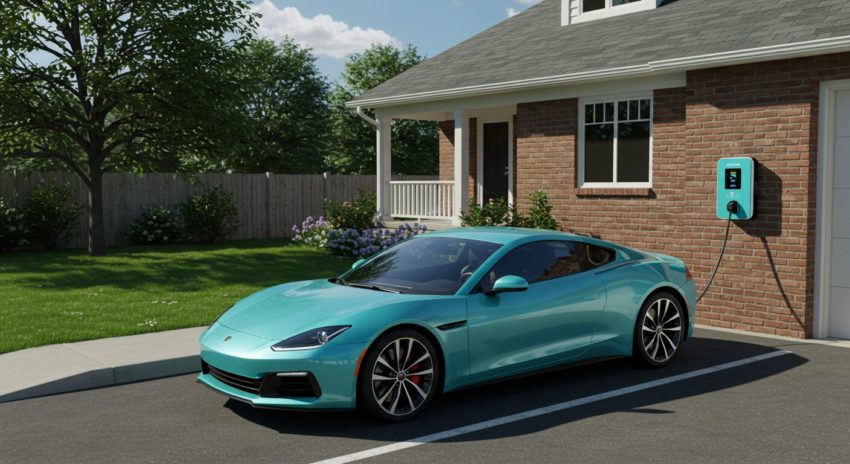 自宅の駐車場で電気自動車を充電している画像