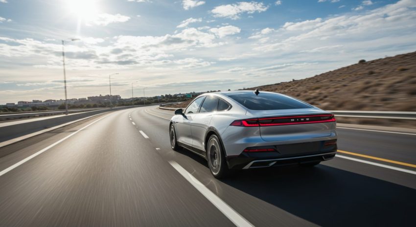 充電を満タンにしたと電気自動車が高速道路を走っている画像