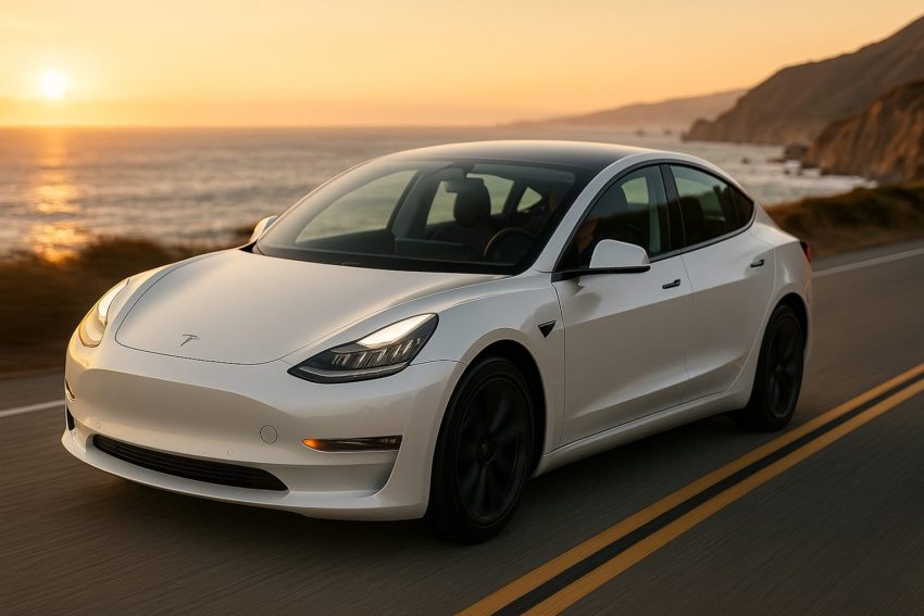 海辺を走る電気自動車のテスラ