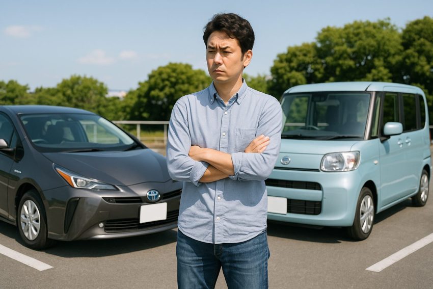 プリウスにしようか軽自動車にしようか悩んでいる男性の画像