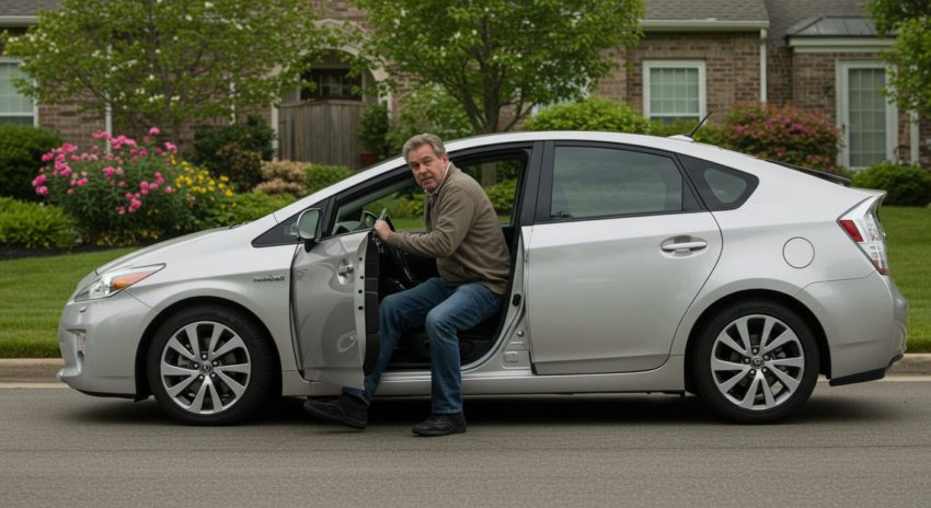 プリウスに乗るのに苦労している男性の画像