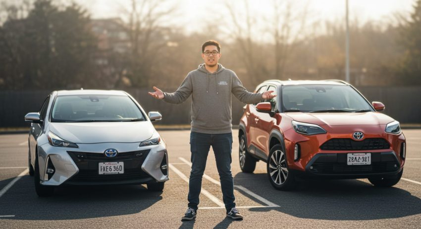 プリウスが良いのかヤリスクロスが良いのか悩んでいる男性の画像