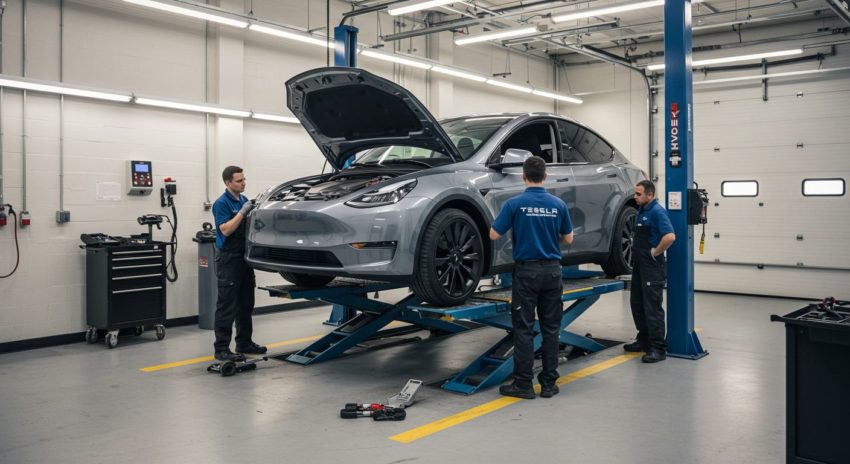 ボンネットを開けて検査をするテスラサービスセンターのスタッフの画像